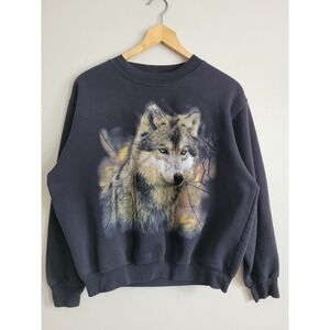 Vintage R&R Sport Wolf Graphic Sweatshirt Black Crewneck 90s Animal Nature Large